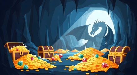 Fantasy Dragon Treasure Hoard Vector Cave Illustration