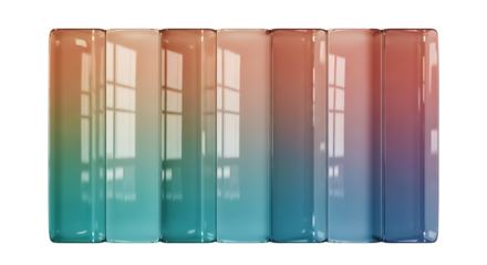 Seven glossy rectangular prisms with a gradient of peach to teal and window reflections visible