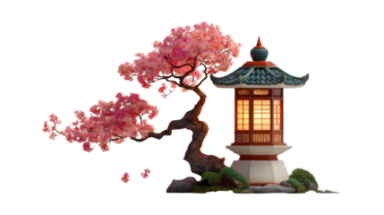 Pink flowering bonsai tree positioned beside traditional illuminated pagoda lantern creating peaceful Zen garden scene inspiring calmness and mindfulness on white background