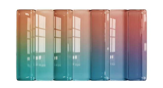 Seven glossy rectangular prisms with a gradient of peach to teal and window reflections visible
