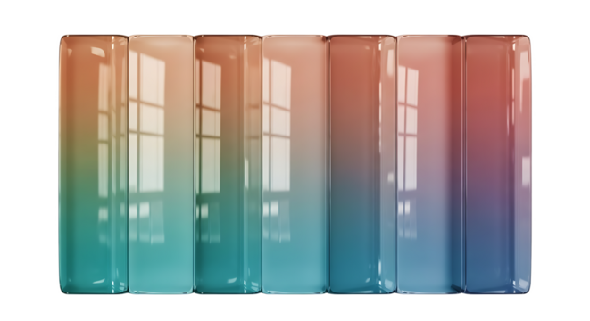 Seven glossy rectangular prisms with a gradient of peach to teal and window reflections visible