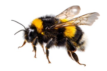 A close-up of a bee displaying its distinctive yellow and black striped body, isolated on transparent background