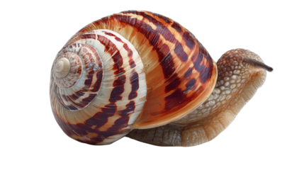 Macro detailed close up of snail with glossy patterned shell showing texture, natural beauty and slow movement concept on white background