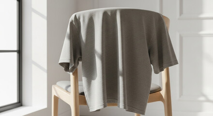 Light grey t-shirt draped over a modern wooden chair in a bright, minimalist room.