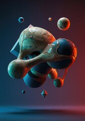 Deeply saturated impossible abstract scene featuring floating geometric shapes colliding with melting, organic, and highly textured forms ,composition ,dynamic ,floating