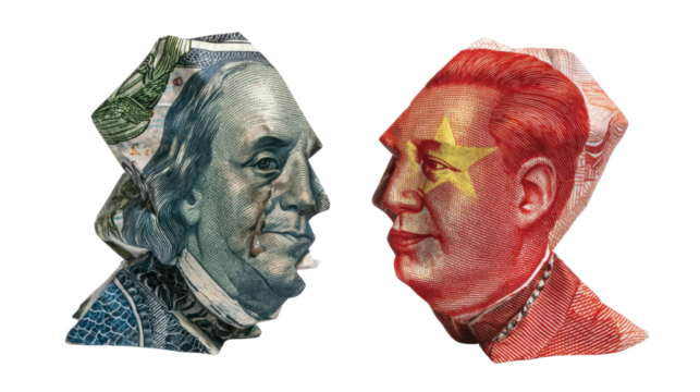 Origami folded currency papers shaped into facing human profiles representing global finance competition, economic tension and international monetary rivalry on white background