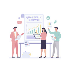 Business Team Analyzing Quarterly Growth Charts and Data Reports Together in a Meeting Room With Modern Flat Design Style