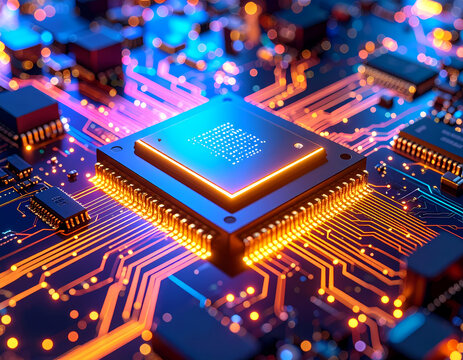 Close up of a digital circuit board with a central processing unit and integrated components