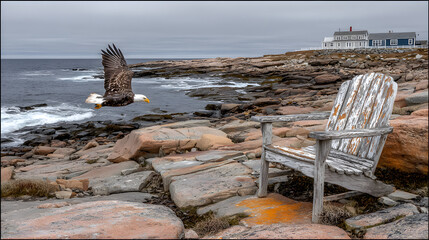 Coastal Serenity Adirondack Chair on Rocky Shoreline with Ocean View.