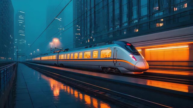 Cinematic shot of a glowing train approaching on wet railway tracks at night, neon orange lights reflecting on rails, futuristic city skyline in the mist