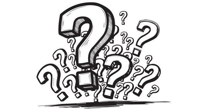 A chaotic cluster of handdrawn question marks of various sizes, isolated on transparent background