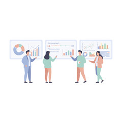 Business Professionals Presenting Data Charts and Graphs in a Modern Office Setting with Data Visualization on Screens