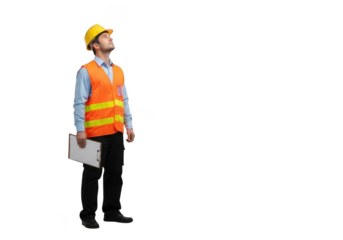 A construction worker wearing a yellow hard hat and orange safety vest holding a clipboard looking upwards isolated on transparent background