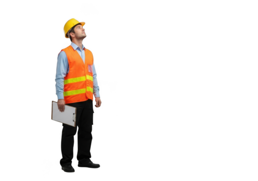 A construction worker wearing a yellow hard hat and orange safety vest holding a clipboard looking upwards isolated on transparent background