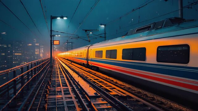 Cinematic shot of a glowing train approaching on wet railway tracks at night, neon orange lights reflecting on rails, futuristic city skyline in the mist