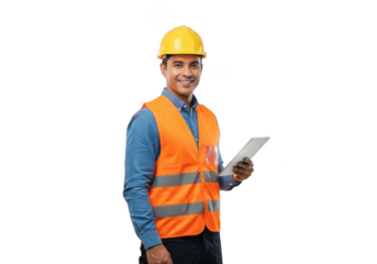 Smiling male construction worker wearing a yellow hard hat and orange safety vest holding a tablet isolated on transparent background