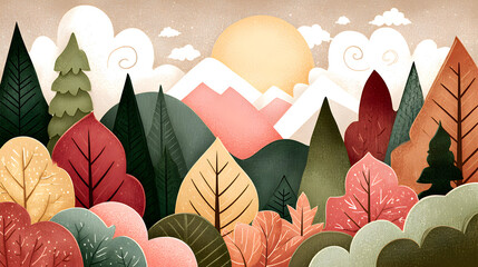 Colorful Autumn Forest Landscape with Mountains and Sun Illustration.