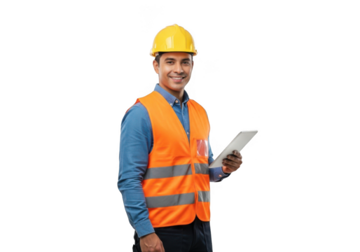 Smiling male construction worker wearing a yellow hard hat and orange safety vest holding a tablet isolated on transparent background