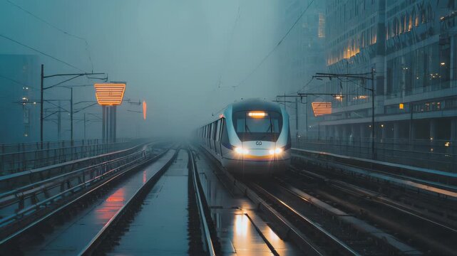 Cinematic shot of a glowing train approaching on wet railway tracks at night, neon orange lights reflecting on rails, futuristic city skyline in the mist