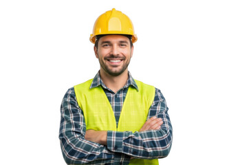A smiling construction worker wearing a yellow hard hat and a bright yellow safety vest with arms crossed isolated on transparent background