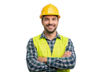 A smiling construction worker wearing a yellow hard hat and a bright yellow safety vest with arms crossed isolated on transparent background