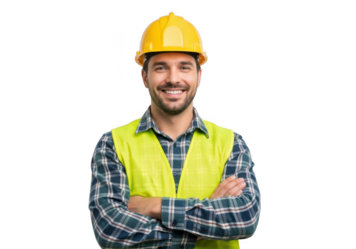 A smiling construction worker wearing a yellow hard hat and a bright yellow safety vest with arms crossed isolated on transparent background