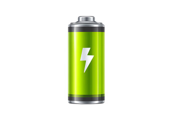 A battery featuring a prominent lightning bolt symbol, isolated on transparent background