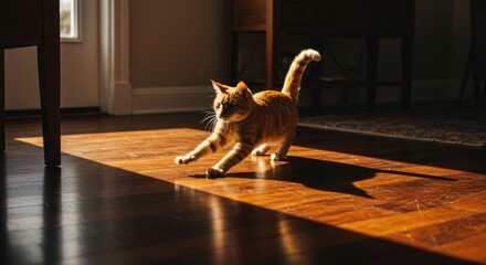 Orange tabby cat stretching in sunbeam on wooden floor
