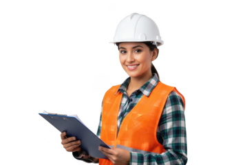 Smiling female construction worker wearing orange vest and white hard hat holding clipboard isolated on transparent background