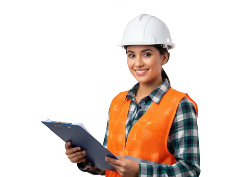 Smiling female construction worker wearing orange vest and white hard hat holding clipboard isolated on transparent background