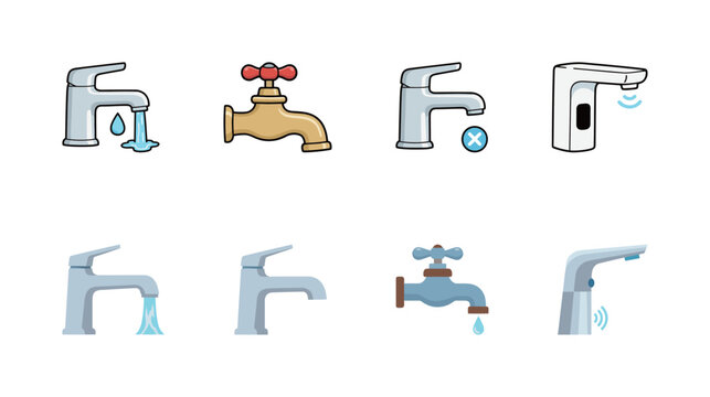 Set of various modern and retro water faucet and tap icons, emphasizing plumbing and water conservation.
