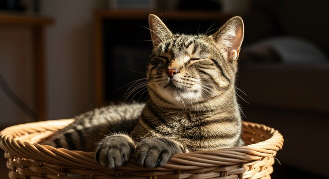 Peaceful Tabby Cat Relaxing in Wicker Basket
