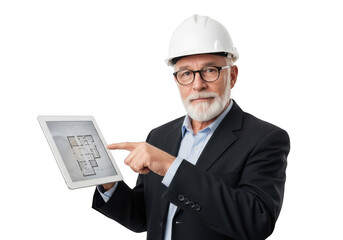 Experienced senior architect with white hard hat and glasses points to blueprint on tablet isolated on transparent background