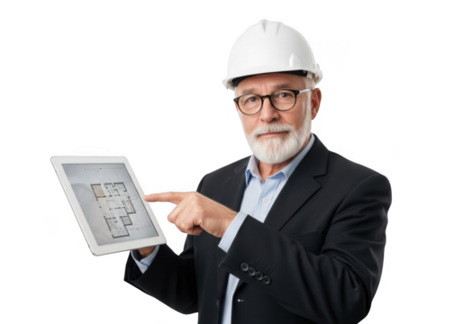 Experienced senior architect with white hard hat and glasses points to blueprint on tablet isolated on transparent background
