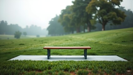 Empty park bench surrounded by lush green grass and trees on a foggy morning, offering a serene and peaceful outdoor scene