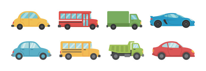 Collection of colorful cartoon transport vehicle icons, including sedan, bus, truck, and sports car.