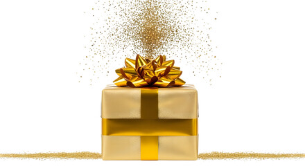 Golden gift box with a shiny bow, exploding with golden glitter, isolated on transparent background