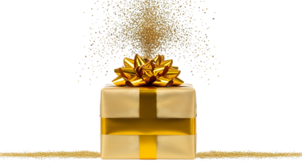 Golden gift box with a shiny bow, exploding with golden glitter, isolated on transparent background