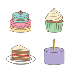 Set of assorted cartoon birthday cake, slice, and cupcake icons, symbolizing dessert and celebration.