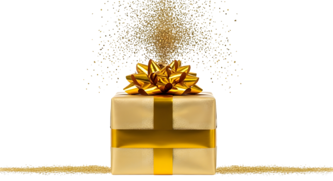 Golden gift box with a shiny bow, exploding with golden glitter, isolated on transparent background