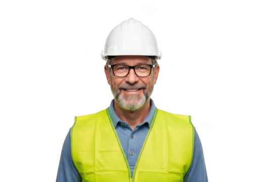 A smiling experienced construction worker wearing a white hard hat and a bright yellow safety vest isolated on transparent background