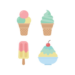 Collection of colorful ice cream icons, including cones, popsicle, and shaved ice for summer and dessert treats.
