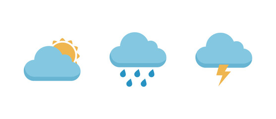 Simple weather icons set: cloudy sun, rain, and thunder, for forecast and environment concepts.