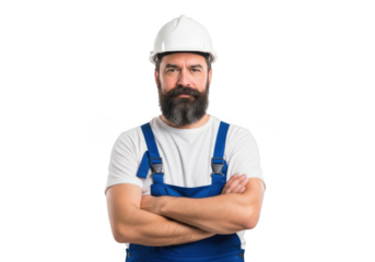 A rugged bearded construction worker wearing a white hard hat and blue overalls with arms crossed isolated on transparent background