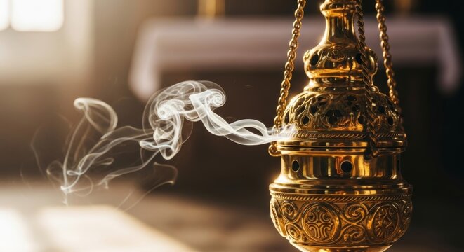 Golden incense burner with smoke rising in soft indoor light  