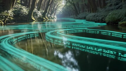 Luminous Digital Streams Flow Through Verdant Forest River Under Soft Sunlight and Lush Green Trees Reflected in Water - Powered by Adobe
