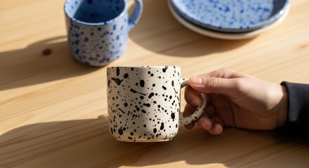 Woman holding a handcrafted ceramic mug with black splatter design. Modern artisan pottery for a morning coffee break. Minimalist kitchenware and tableware collection for home decor