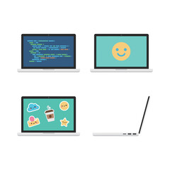 Set of Flat Laptop Vector Icons Displaying Programming Code, Smiley Face, and Cute Stickers: Technology and Remote Work Concept