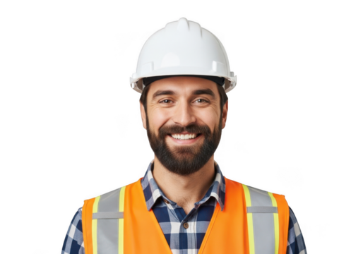 Smiling bearded man wearing a white hard hat and bright orange safety vest isolated on transparent background