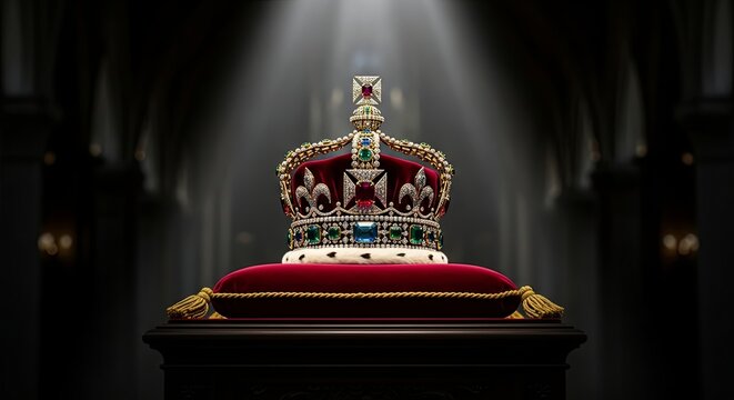 Crown displayed on red velvet cushion under dramatic lighting  